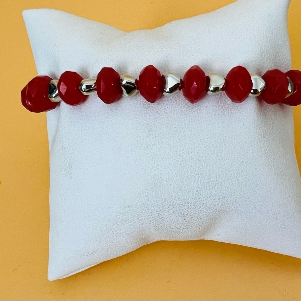 Red and Silver plated heart Beaded Bracelet